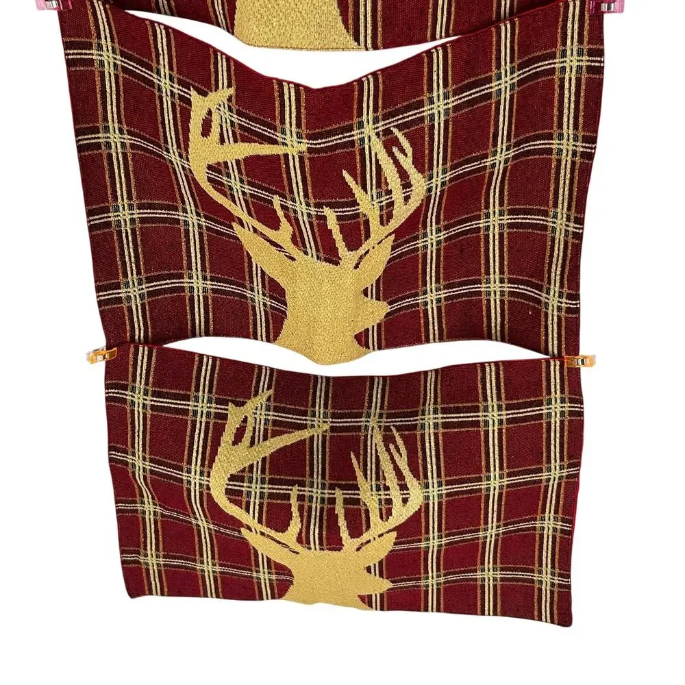 Set of 4 Holiday Christmas Placemats Red Gold Tartan Plaid Deer Stag Head Festiv
